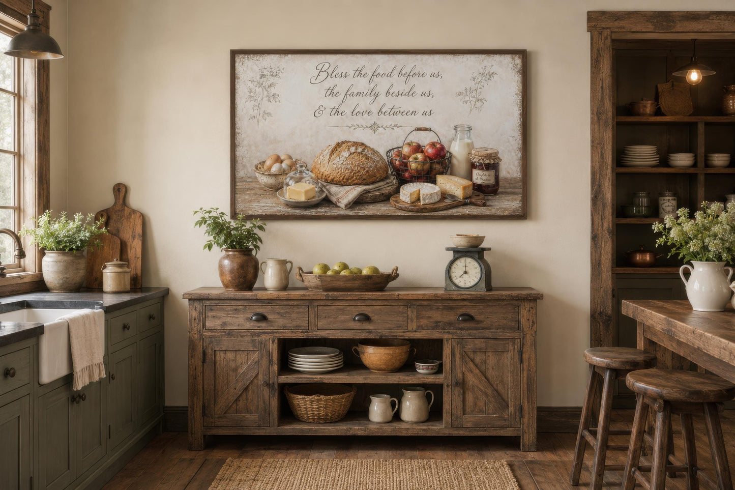 Bless the Food Wall Art | Rustic Farmhouse Kitchen Canvas Print