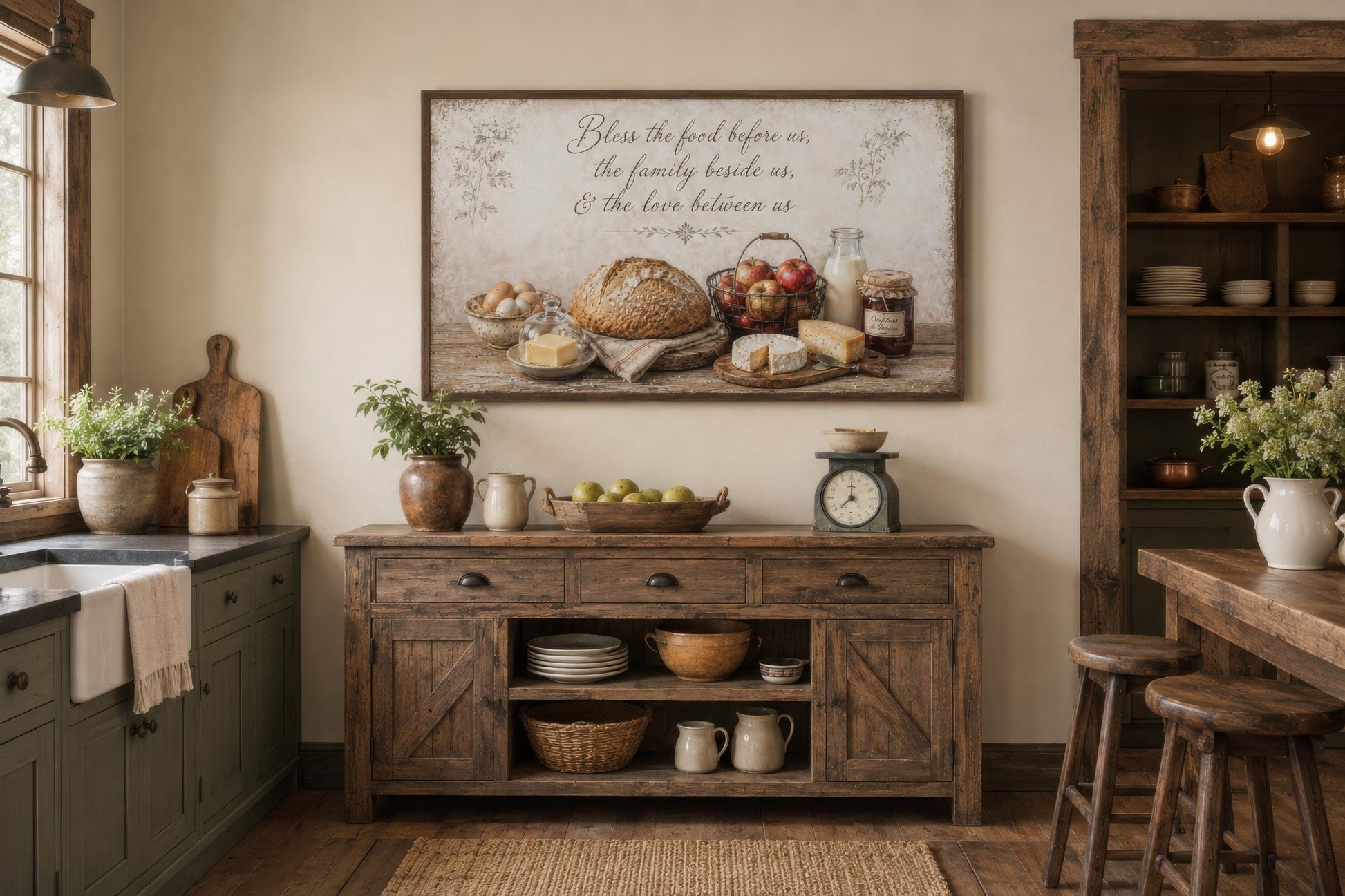 Bless the Food Wall Art | Rustic Farmhouse Kitchen Canvas Print