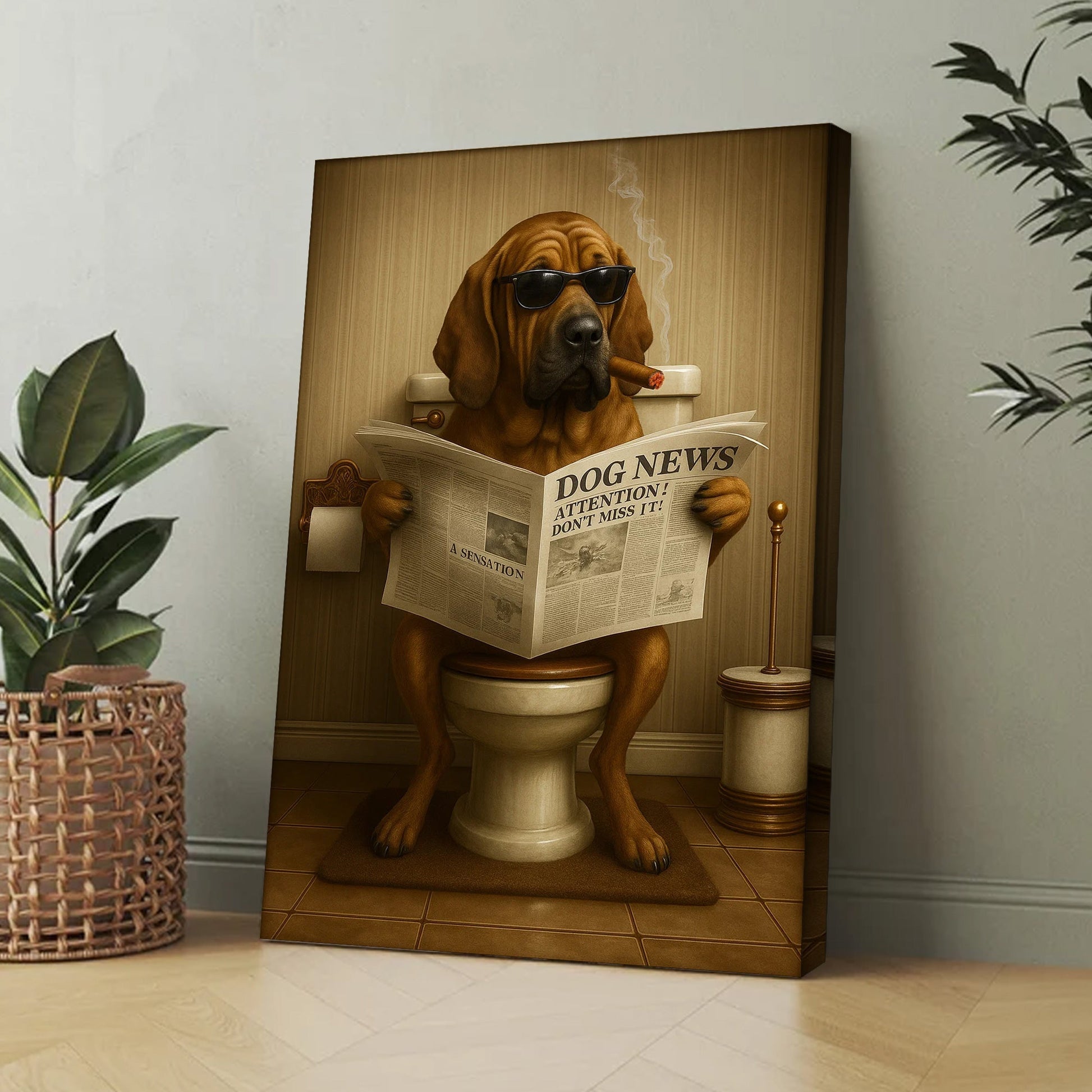 Funny Rustic Dog Bathroom Canvas – Bloodhound Smoking Reading ‘Dog News’ - Hunting Hunters Cabin Decor, Gift for Dad or 