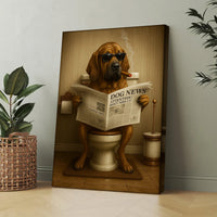 Funny Rustic Dog Bathroom Canvas – Bloodhound Smoking Reading ‘Dog News’ - Hunting Hunters Cabin Decor, Gift for Dad or 