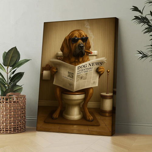 Funny Rustic Dog Bathroom Canvas – Bloodhound Smoking Reading ‘Dog News’ - Hunting Hunters Cabin Decor, Gift for Dad or 