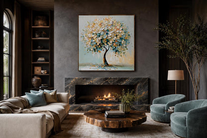 Blooming Tree Wall Art - Pastel Blue Tree Canvas Print for Living Room Decor