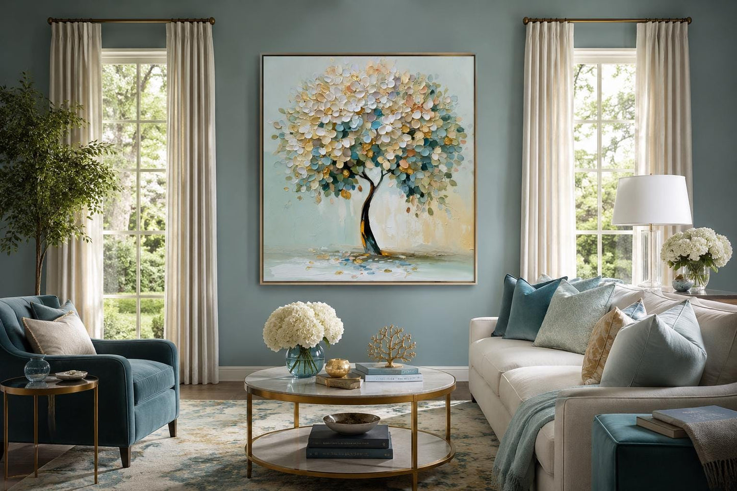 Blooming Tree Wall Art - Pastel Blue Tree Canvas Print for Living Room Decor