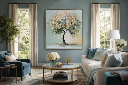 Blooming Tree Wall Art - Pastel Blue Tree Canvas Print for Living Room Decor