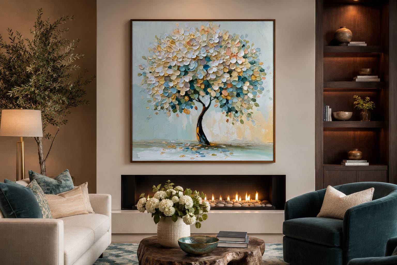 Blooming Tree Wall Art - Pastel Blue Tree Canvas Print for Living Room Decor