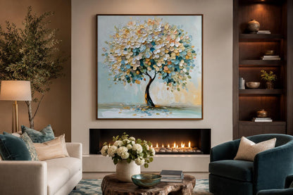 Blooming Tree Wall Art - Pastel Blue Tree Canvas Print for Living Room Decor