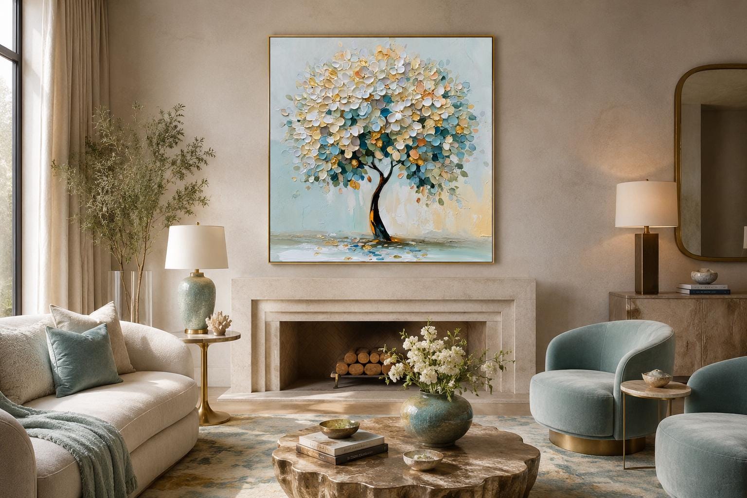Blooming Tree Wall Art - Pastel Blue Tree Canvas Print for Living Room Decor