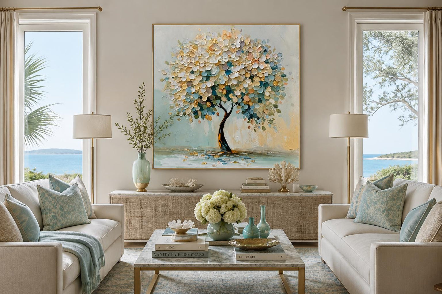 Blooming Tree Wall Art - Pastel Blue Tree Canvas Print for Living Room Decor
