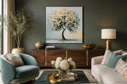 Blooming Tree Wall Art - Pastel Blue Tree Canvas Print for Living Room Decor
