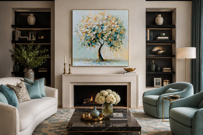 Blooming Tree Wall Art - Pastel Blue Tree Canvas Print for Living Room Decor