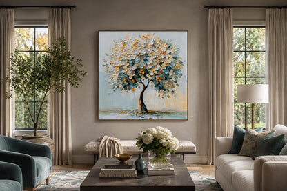 Blooming Tree Wall Art - Pastel Blue Tree Canvas Print for Living Room Decor