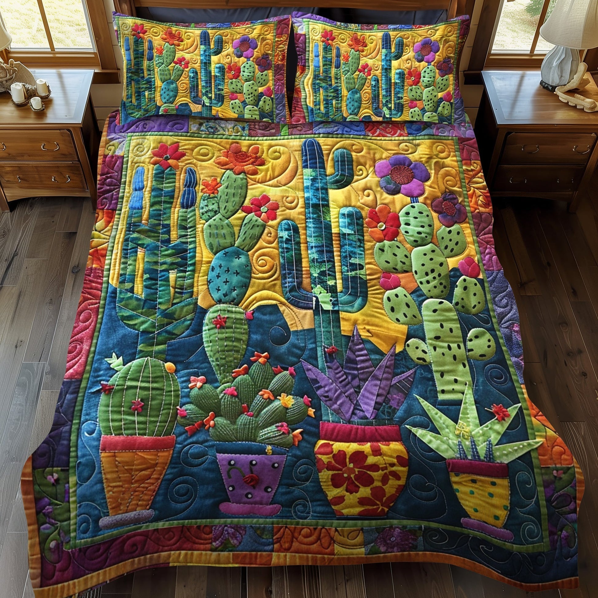 Single (59'' x 70'') /Desert Bloom Cactus 3-Piece Quilted Bedding Set
