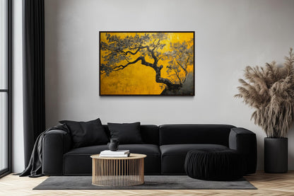 Blossoming Tree On Golden Yellow Background Canvas Print