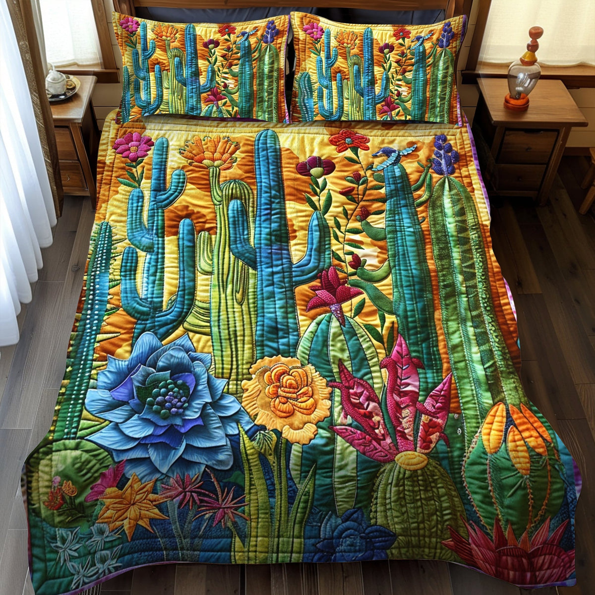 Single (59'' x 70'') /Desert Dreamscape Cactus 3-Piece Quilted Bedding Set