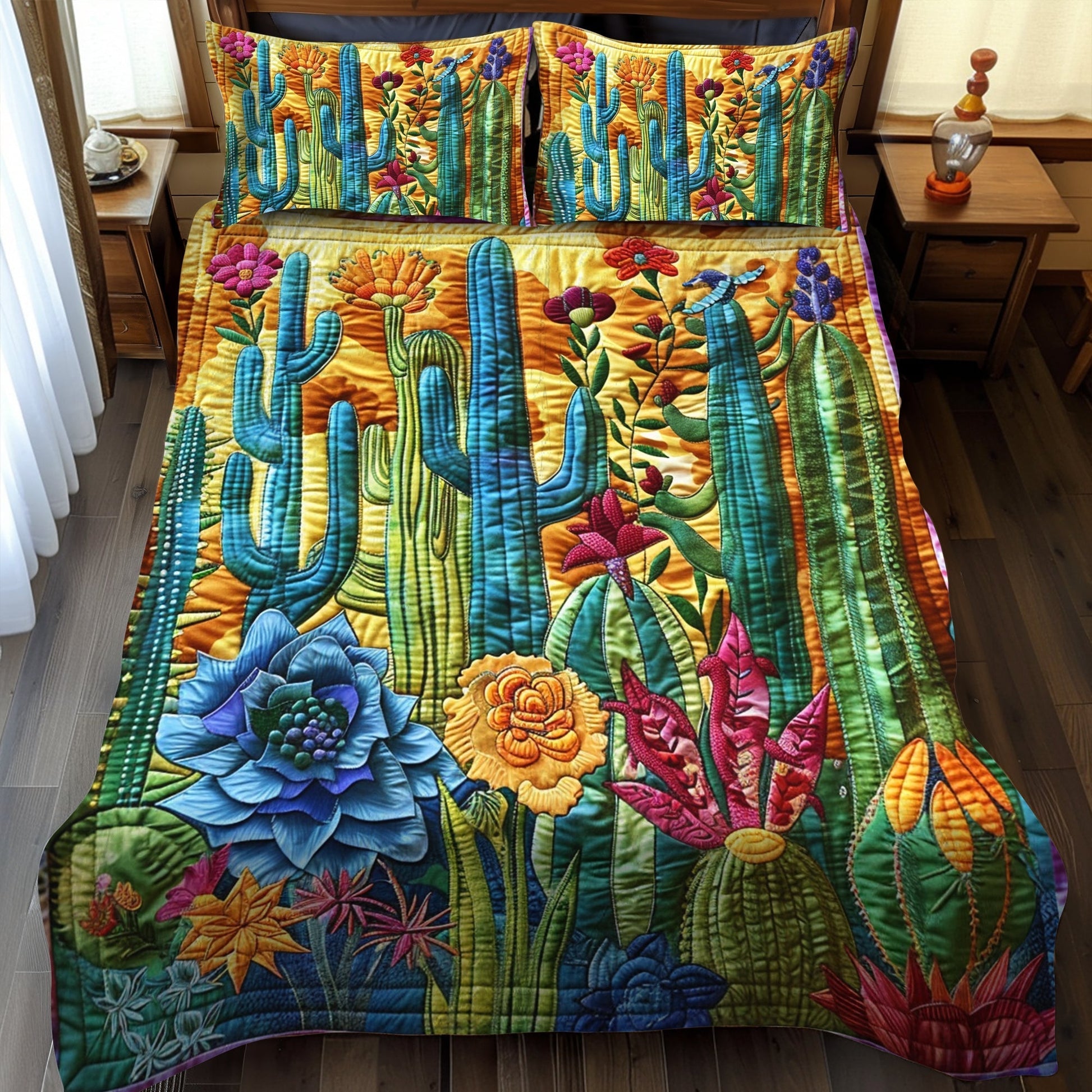 Single (59'' x 70'') /Desert Dreamscape Cactus 3-Piece Quilted Bedding Set