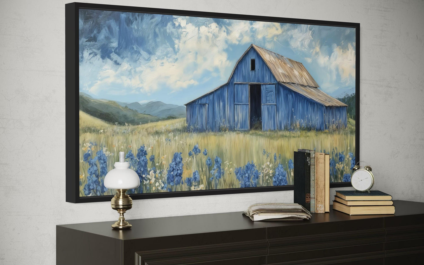 Blue Barn And Bluebonnets Rustic Framed Canvas Wall Decor