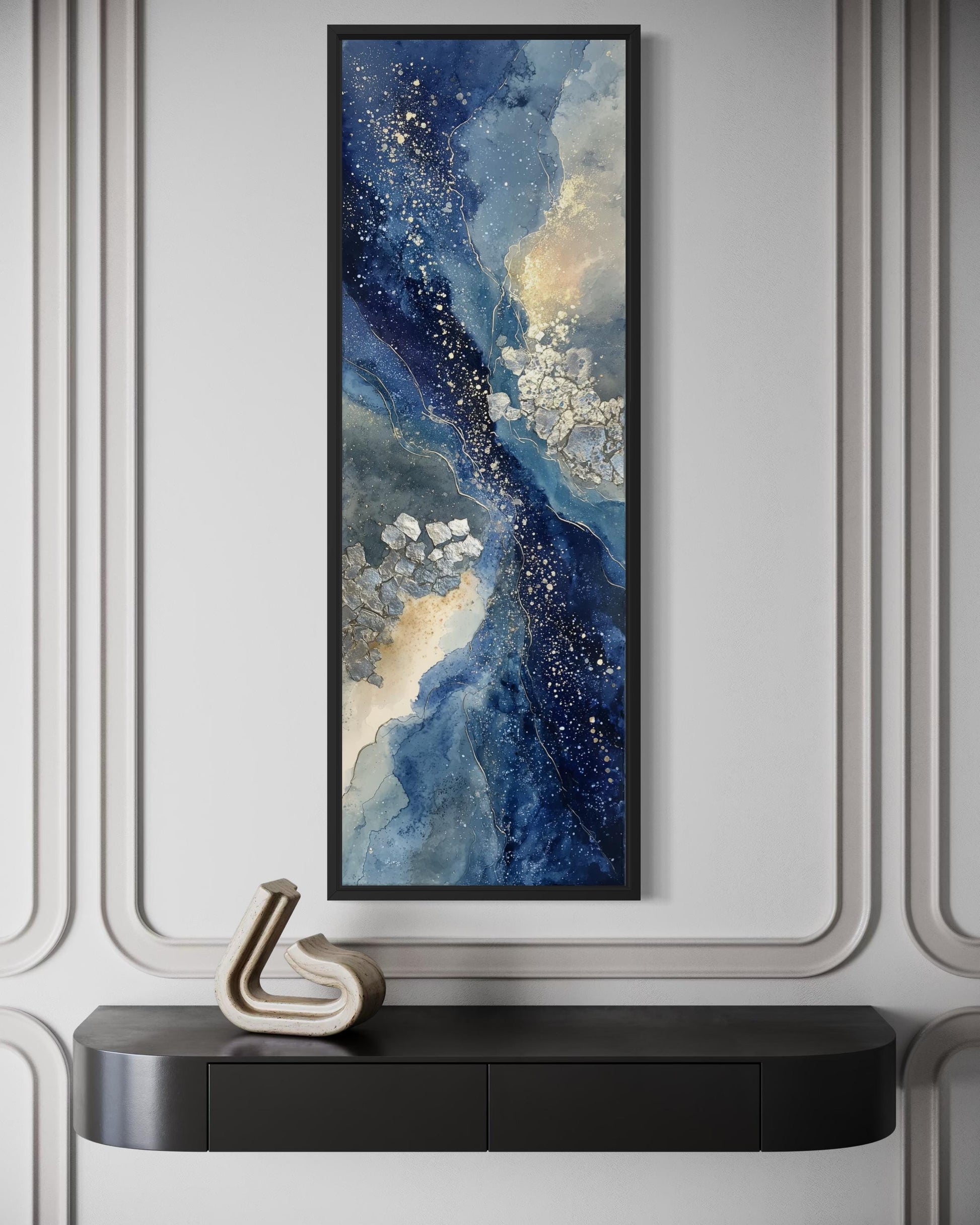 Blue Beige Wall Art - Tall Narrow Abstract Canvas Print | Modern Navy Vertical Decor