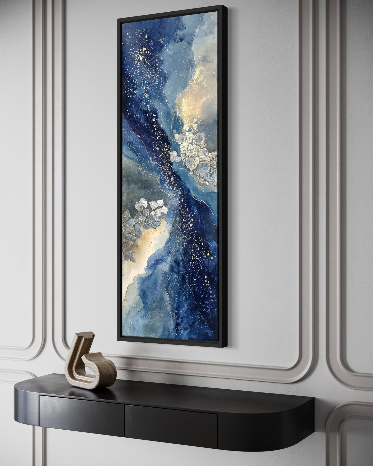 Blue Beige Wall Art - Tall Narrow Abstract Canvas Print | Modern Navy Vertical Decor