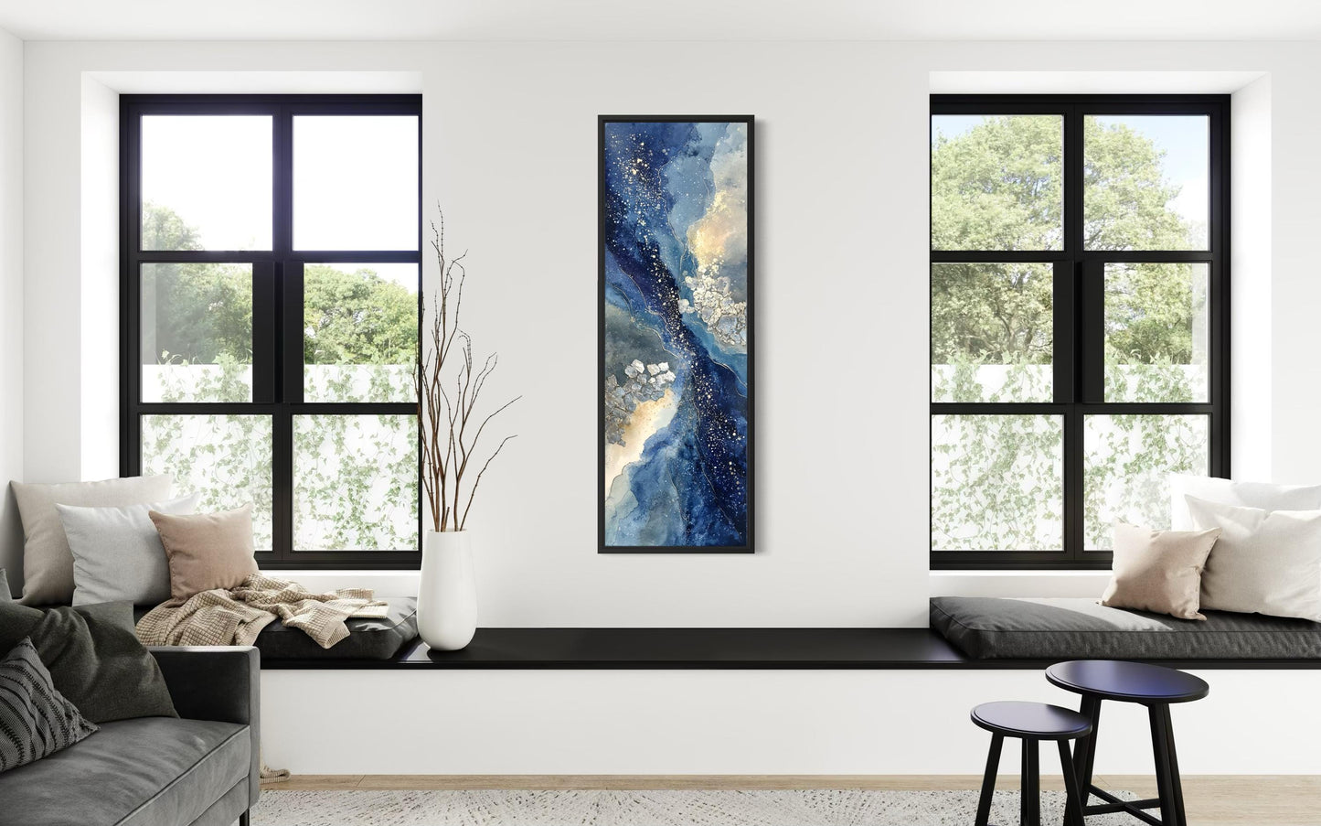 Blue Beige Wall Art - Tall Narrow Abstract Canvas Print | Modern Navy Vertical Decor
