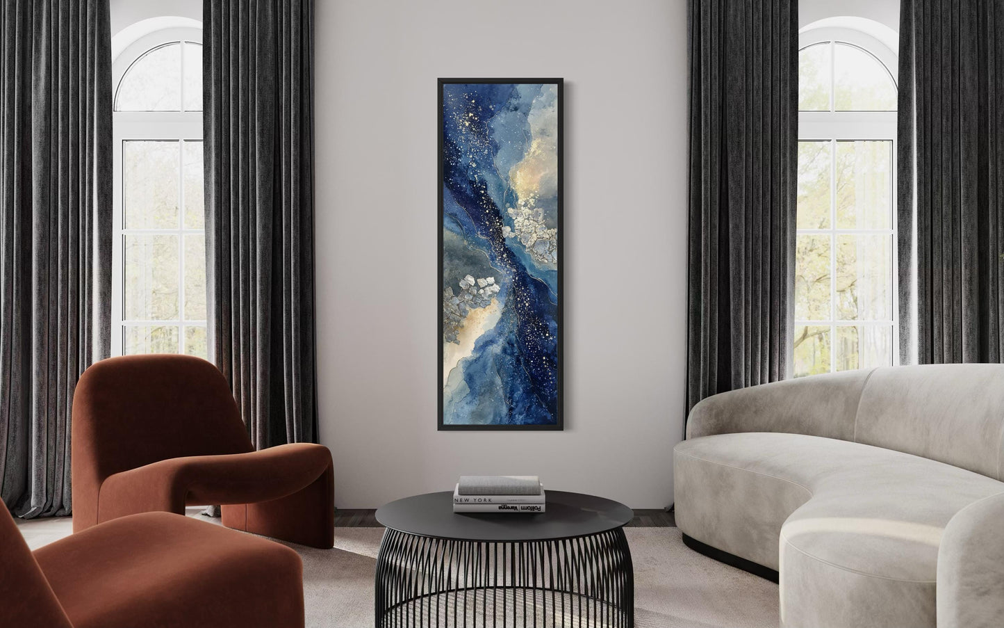 Blue Beige Wall Art - Tall Narrow Abstract Canvas Print | Modern Navy Vertical Decor