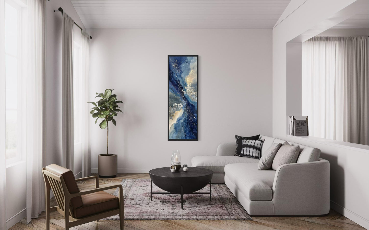 Blue Beige Wall Art - Tall Narrow Abstract Canvas Print | Modern Navy Vertical Decor