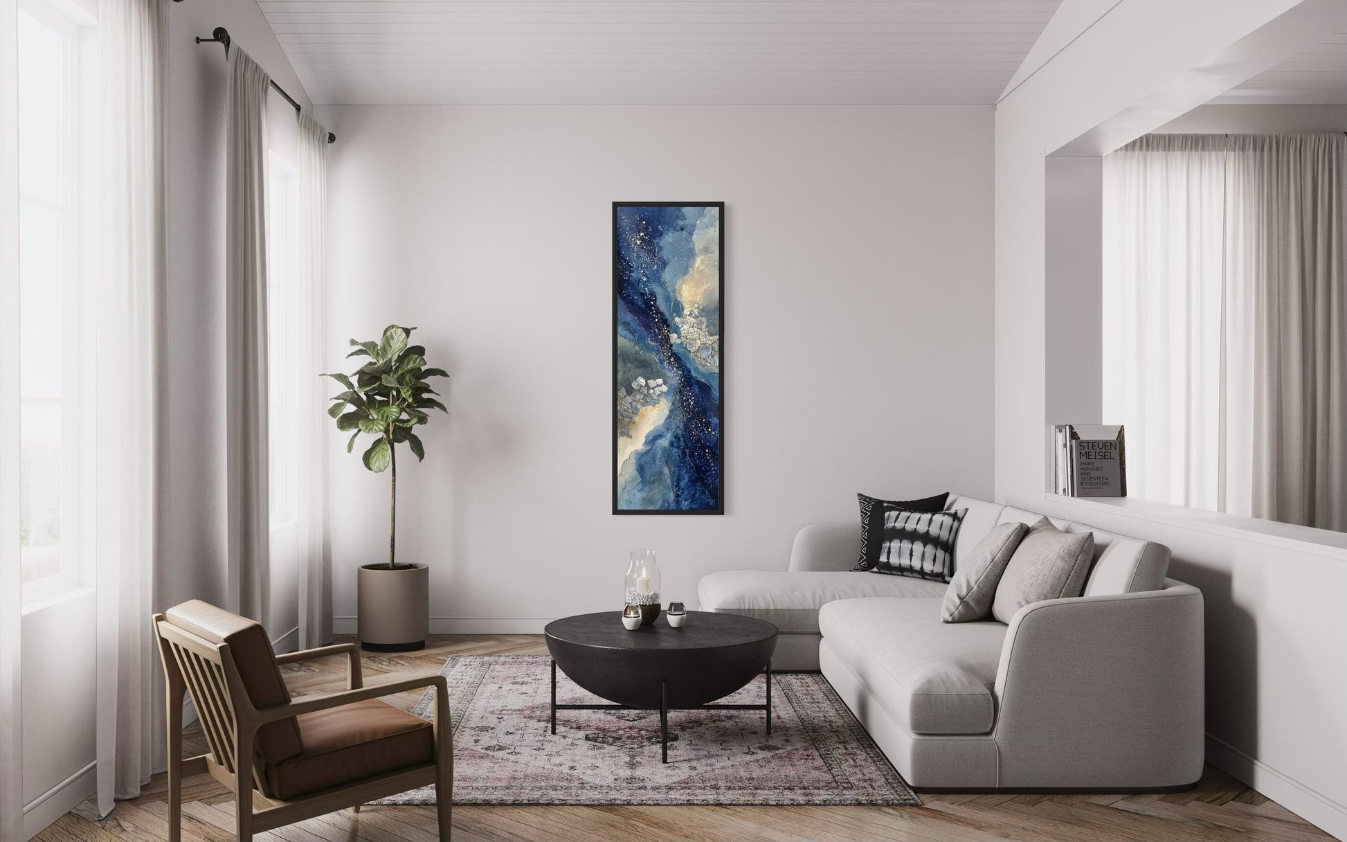 Blue Beige Wall Art - Tall Narrow Abstract Canvas Print | Modern Navy Vertical Decor