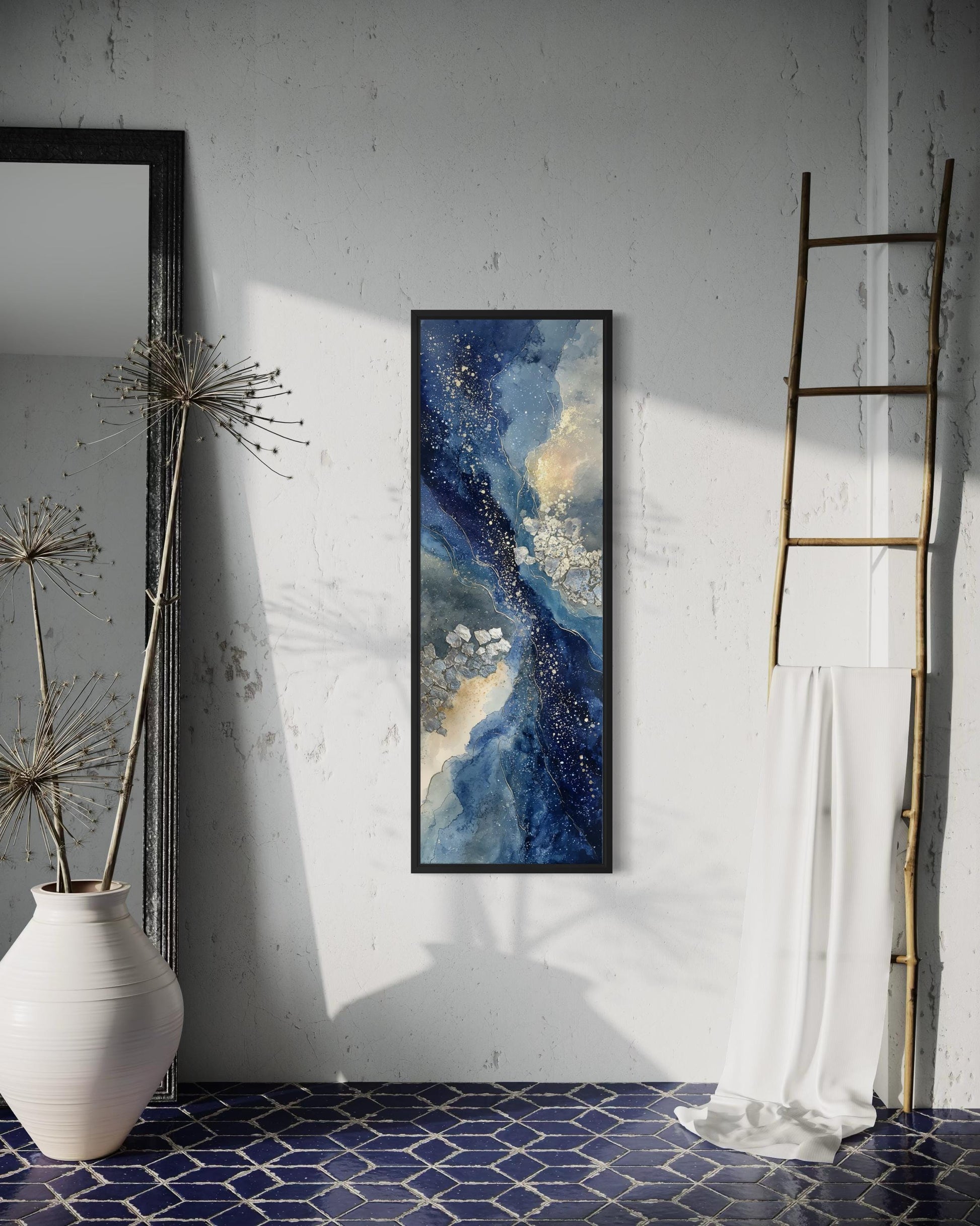 Blue Beige Wall Art - Tall Narrow Abstract Canvas Print | Modern Navy Vertical Decor