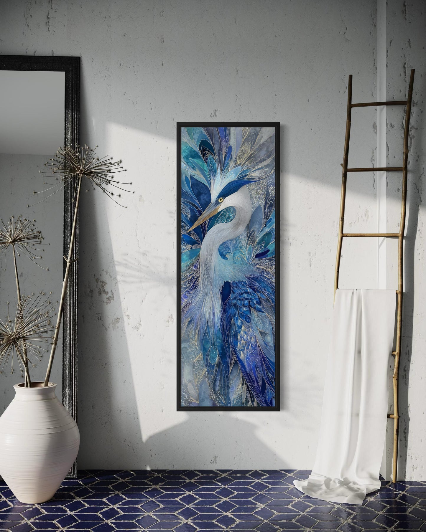 Blue Bird Wall Art - Vertical Canvas Print | Elegant Heron Artwork, Navy Blue Decor