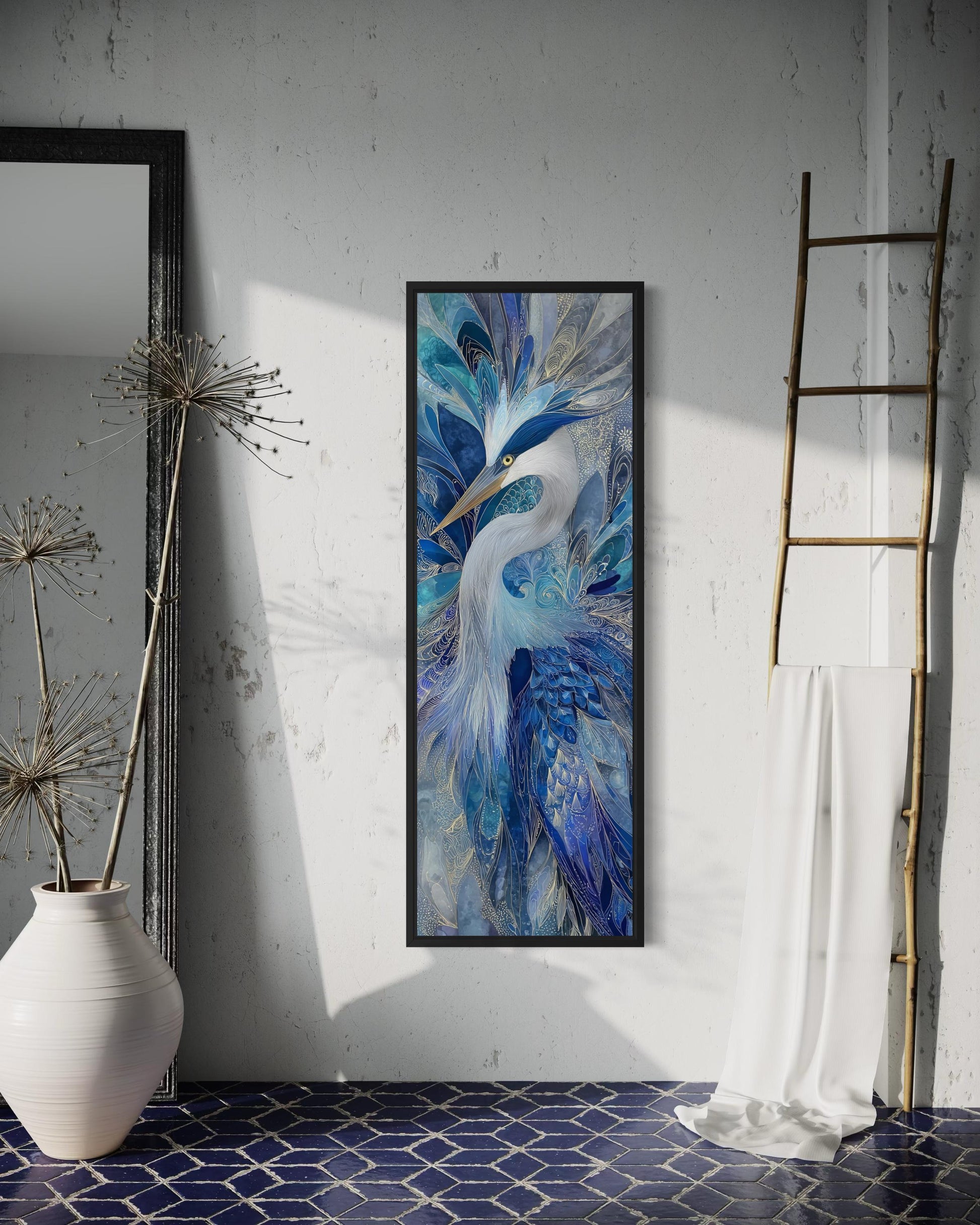 Blue Bird Wall Art - Vertical Canvas Print | Elegant Heron Artwork, Navy Blue Decor