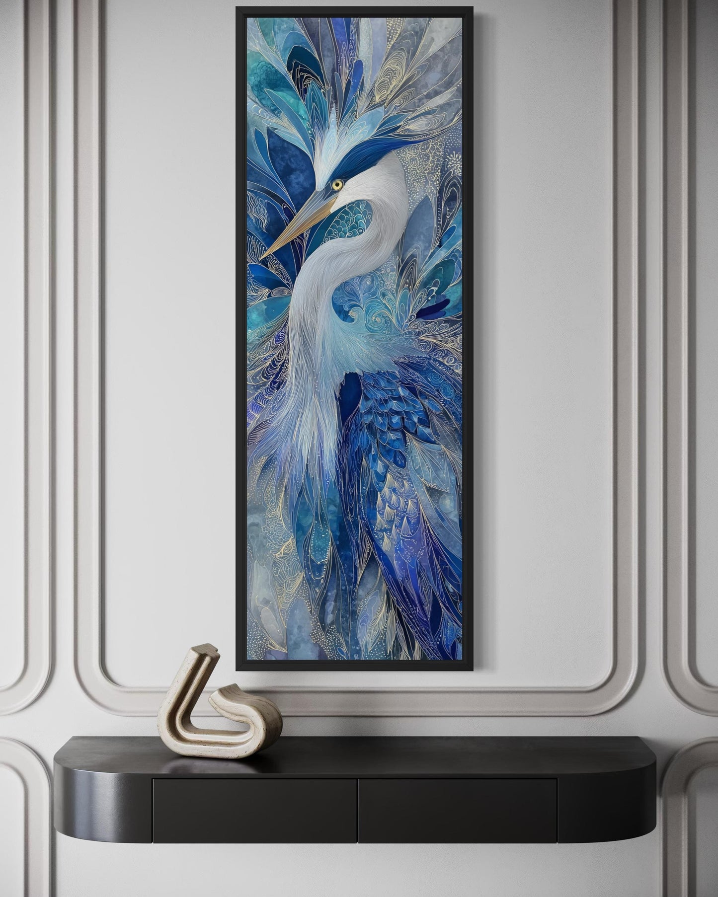 Blue Bird Wall Art - Vertical Canvas Print | Elegant Heron Artwork, Navy Blue Decor