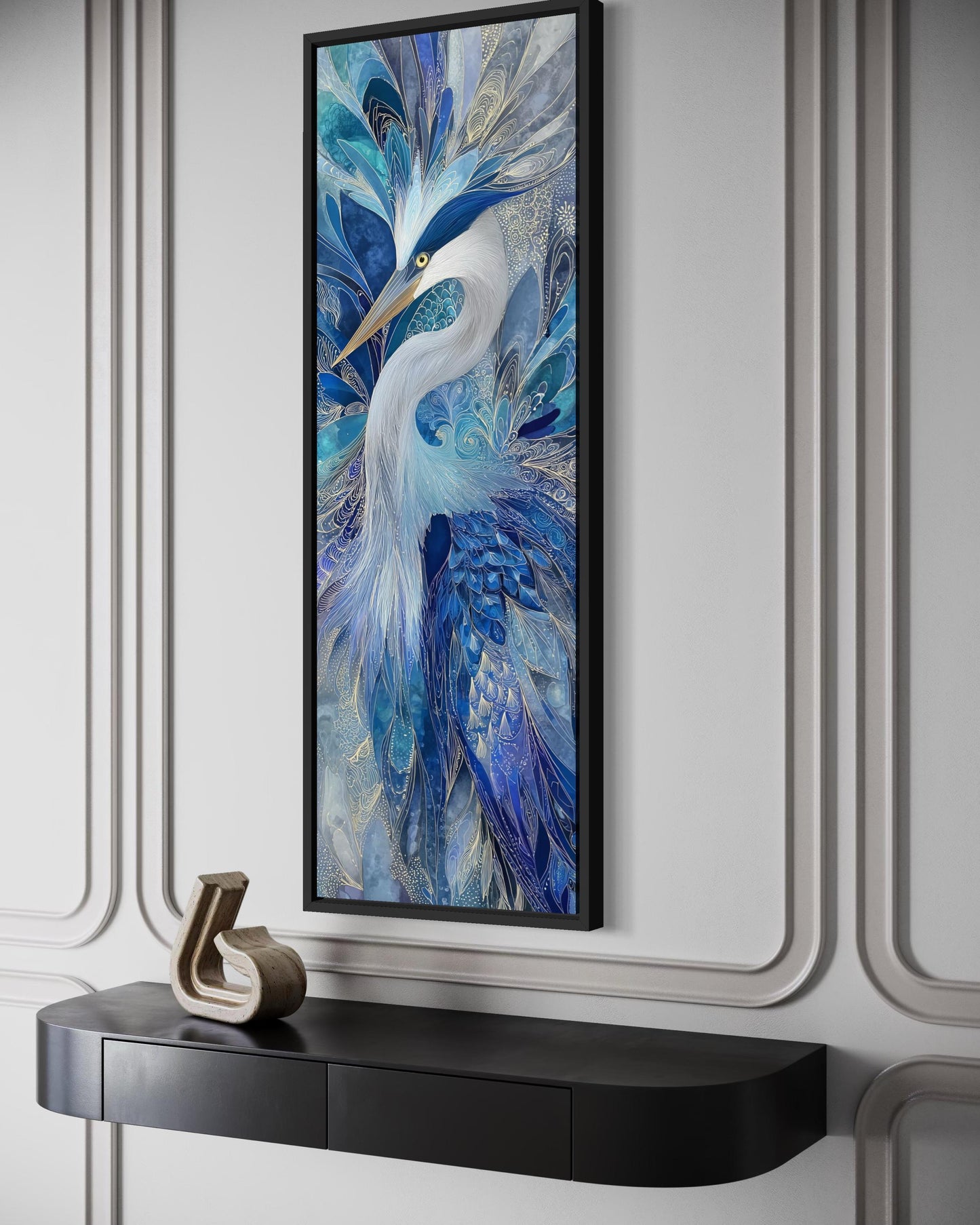 Blue Bird Wall Art - Vertical Canvas Print | Elegant Heron Artwork, Navy Blue Decor