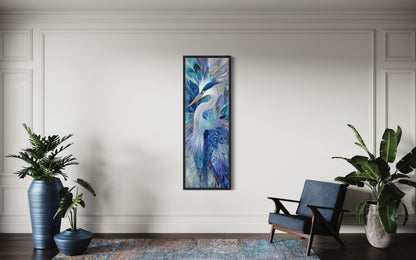 Blue Bird Wall Art - Vertical Canvas Print | Elegant Heron Artwork, Navy Blue Decor