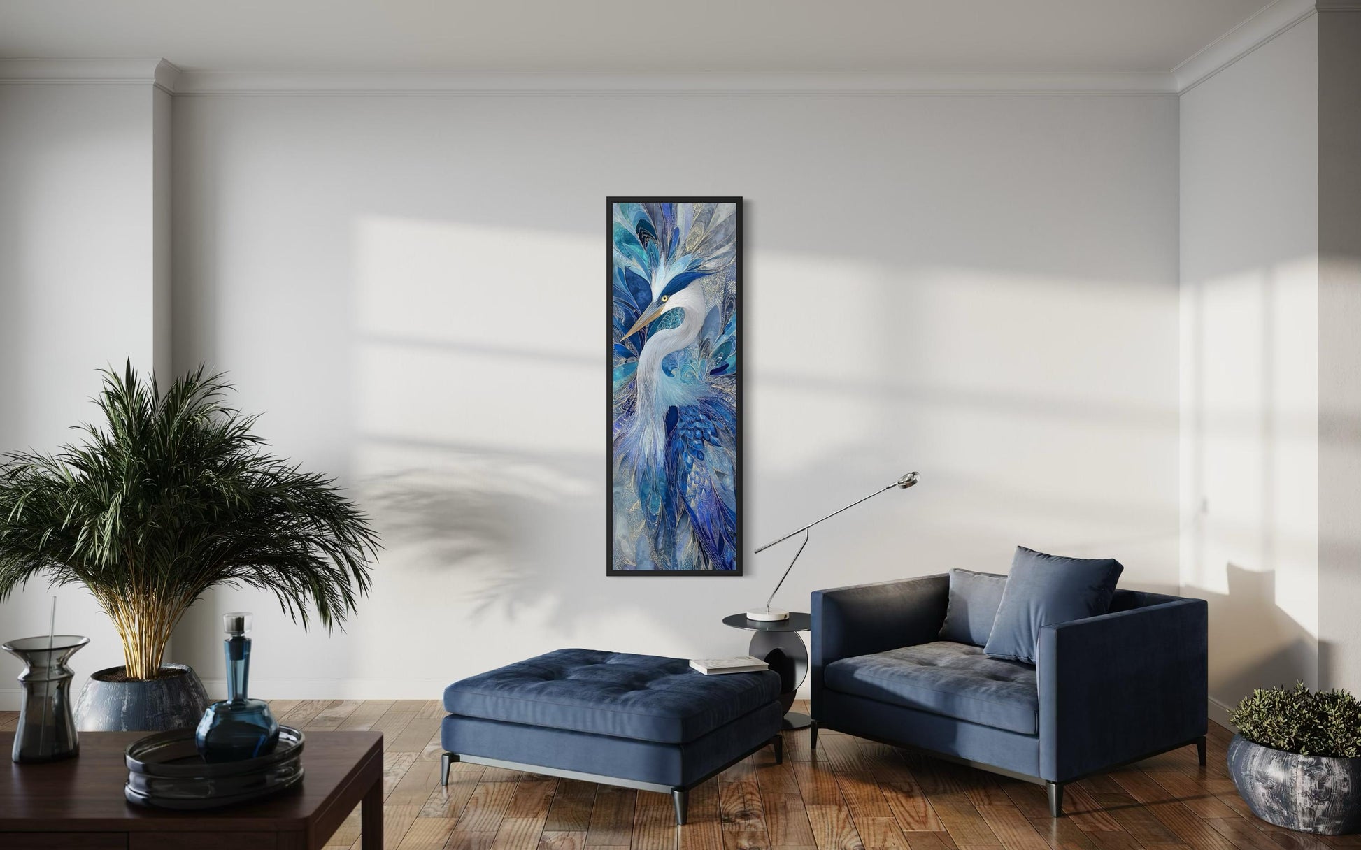 Blue Bird Wall Art - Vertical Canvas Print | Elegant Heron Artwork, Navy Blue Decor