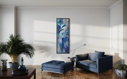 Blue Bird Wall Art - Vertical Canvas Print | Elegant Heron Artwork, Navy Blue Decor