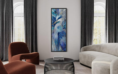 Blue Bird Wall Art - Vertical Canvas Print | Elegant Heron Artwork, Navy Blue Decor