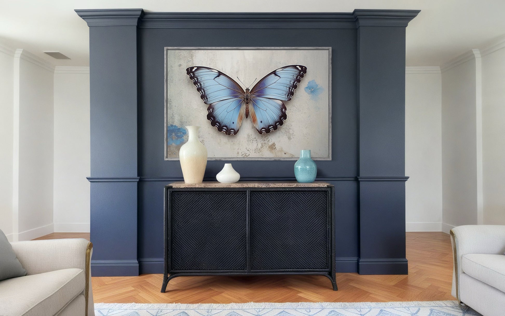 Blue Butterfly Rustic Framed Canvas Wall Art
