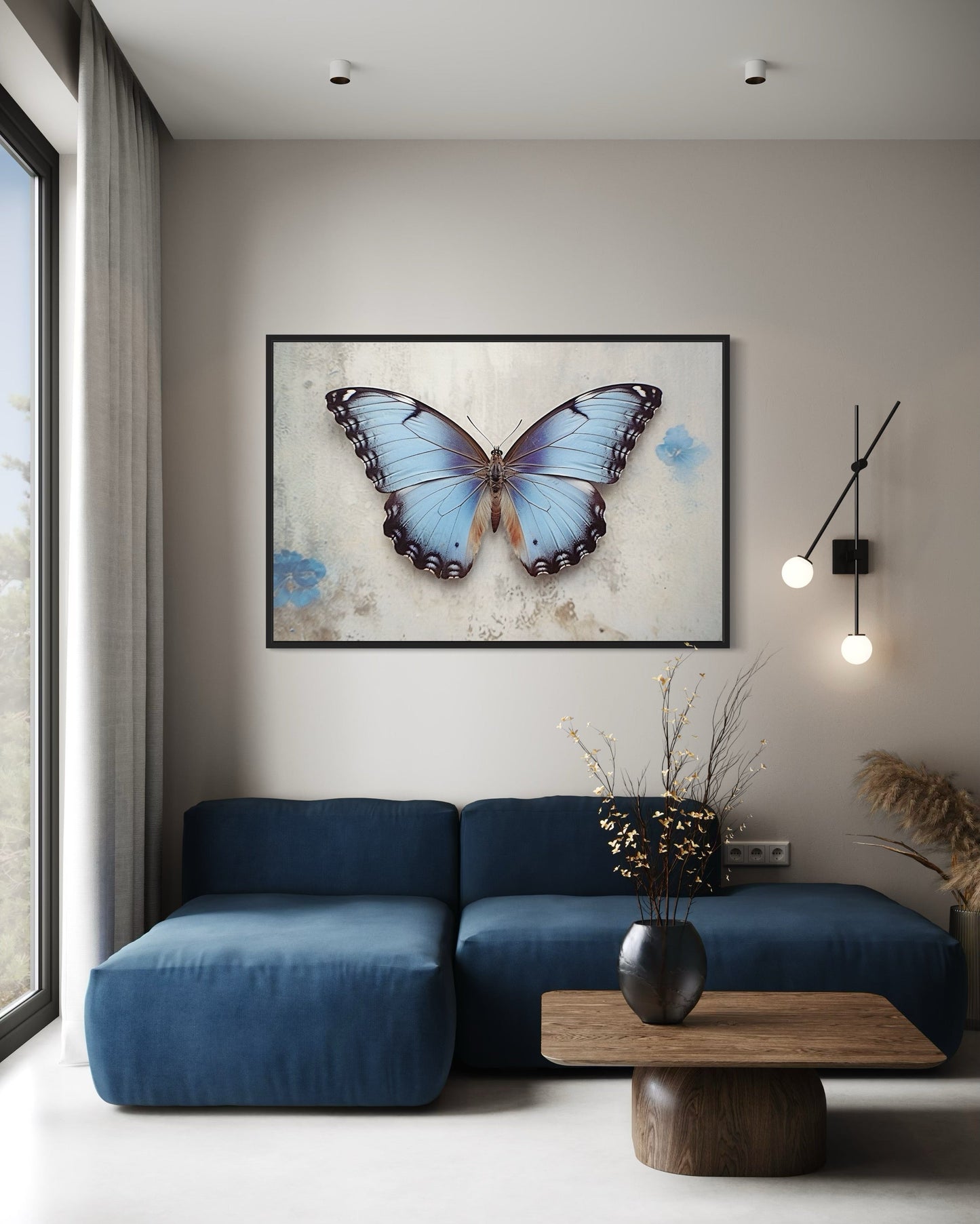 Blue Butterfly Rustic Framed Canvas Wall Art