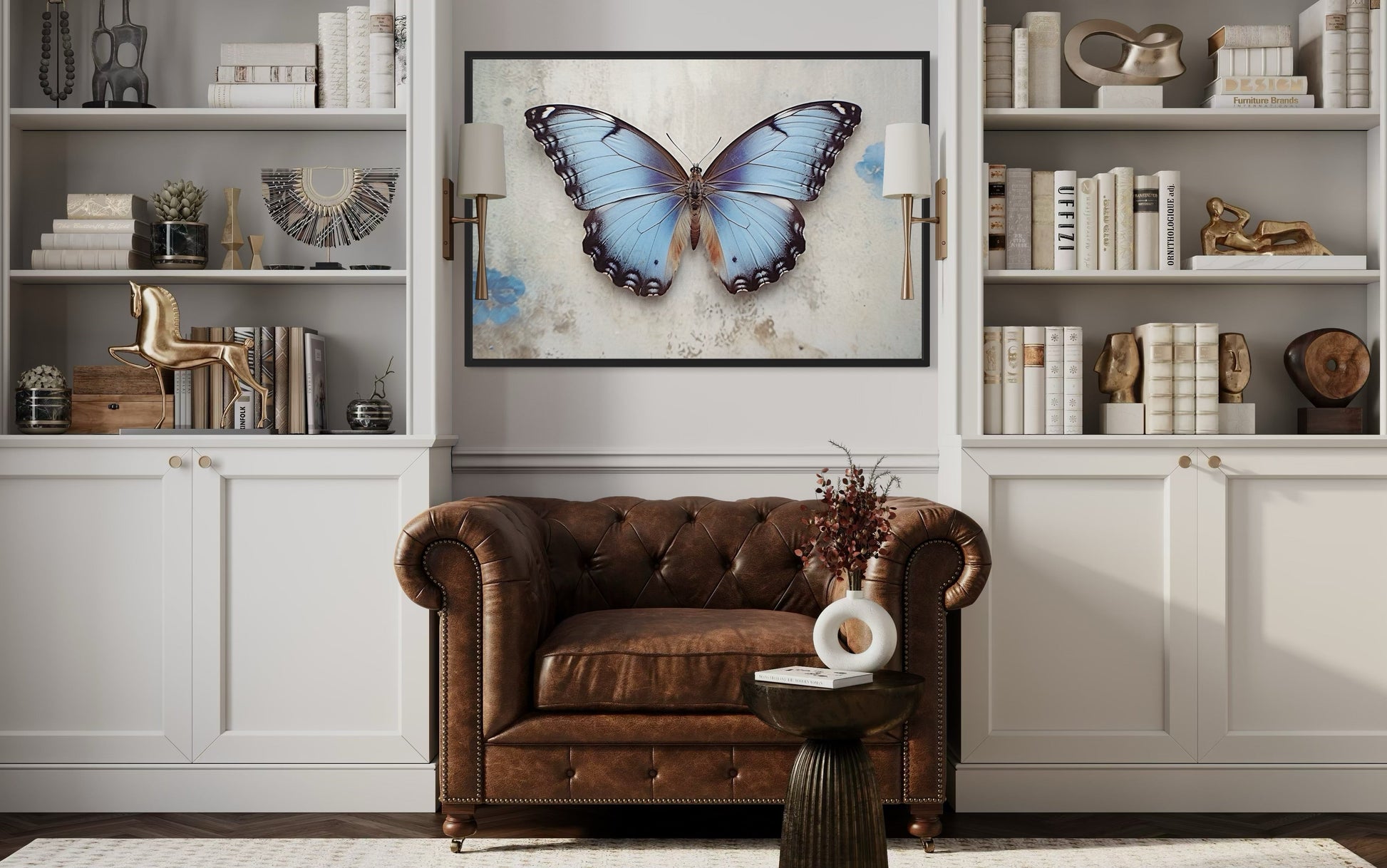 Blue Butterfly Rustic Framed Canvas Wall Art