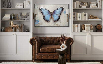 Blue Butterfly Rustic Framed Canvas Wall Art