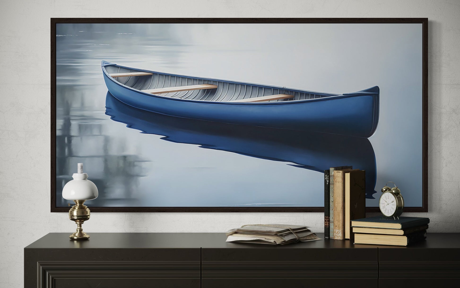Blue Canoe Wall Art – Framed Canvas Lake House Decor With Serene Water Scene