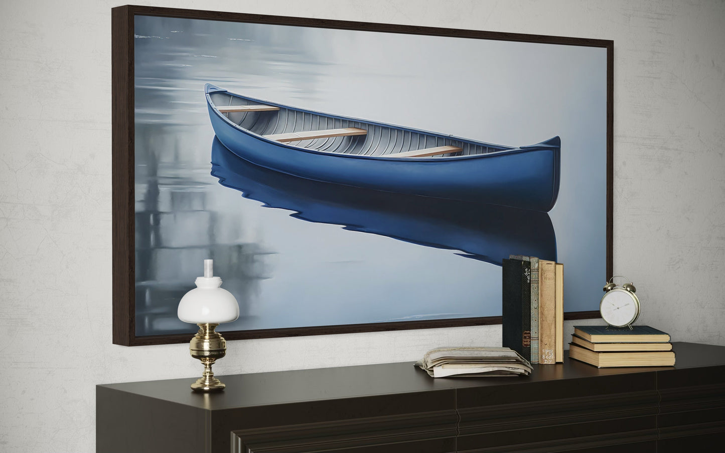 Blue Canoe Wall Art – Framed Canvas Lake House Decor With Serene Water Scene