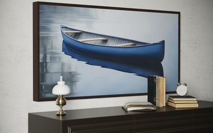 Blue Canoe Wall Art – Framed Canvas Lake House Decor With Serene Water Scene