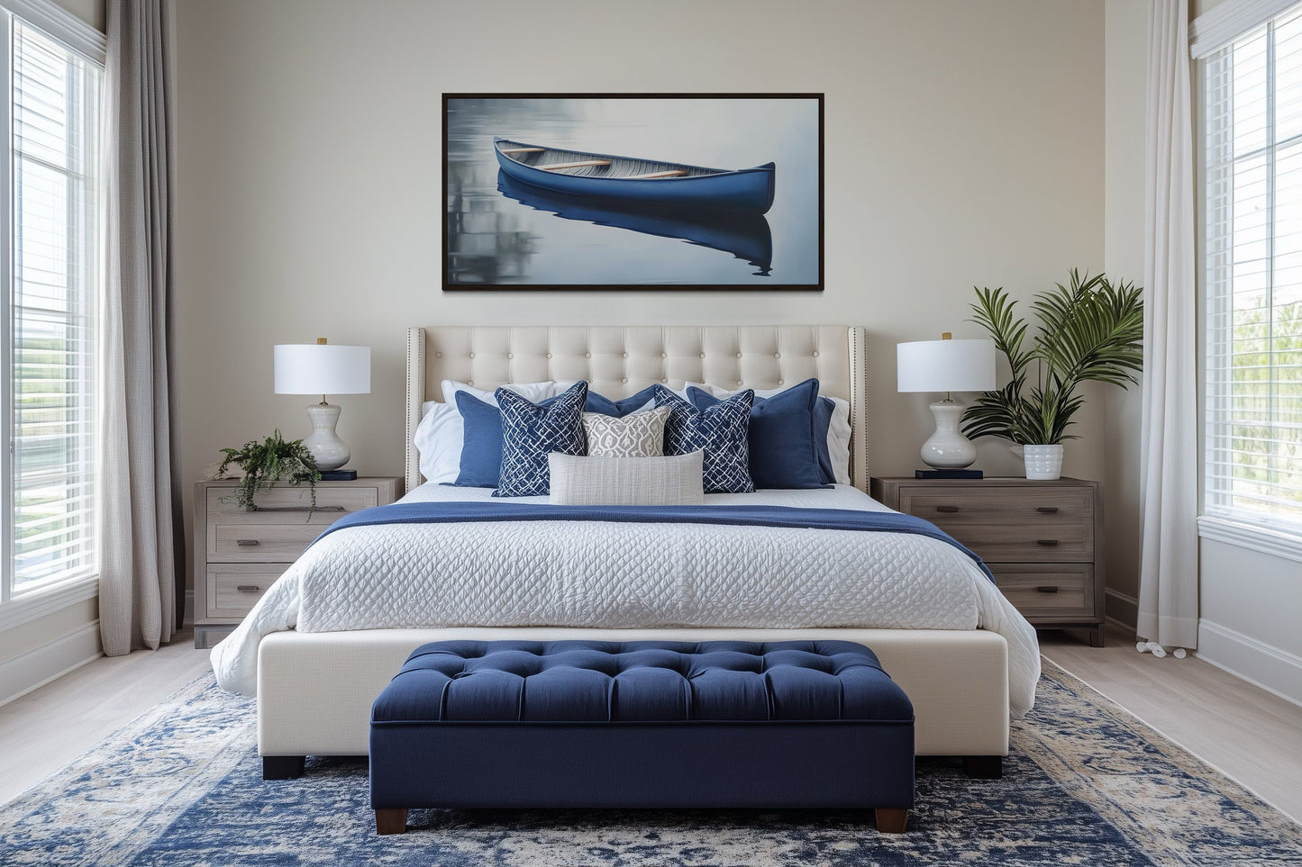 Blue Canoe Wall Art – Framed Canvas Lake House Decor With Serene Water Scene