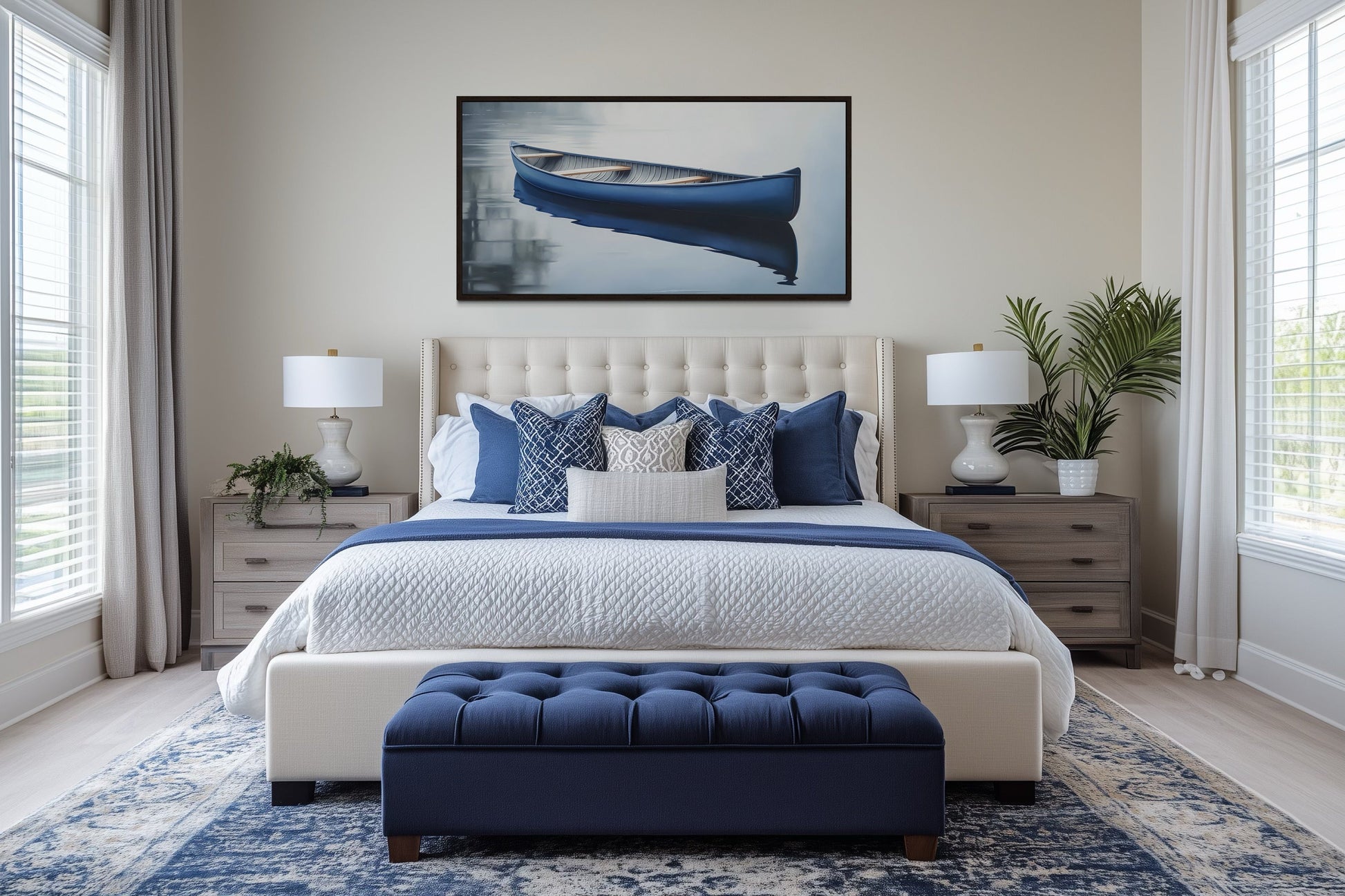 Blue Canoe Wall Art – Framed Canvas Lake House Decor With Serene Water Scene