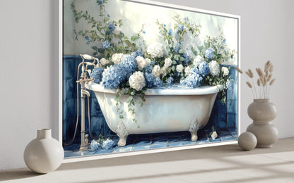 Blue Floral Bathroom Art – Hydrangea In Clawfoot Tub Canvas Print