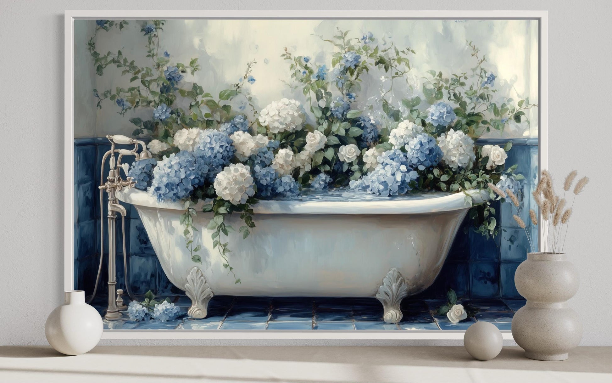 Blue Floral Bathroom Art – Hydrangea In Clawfoot Tub Canvas Print