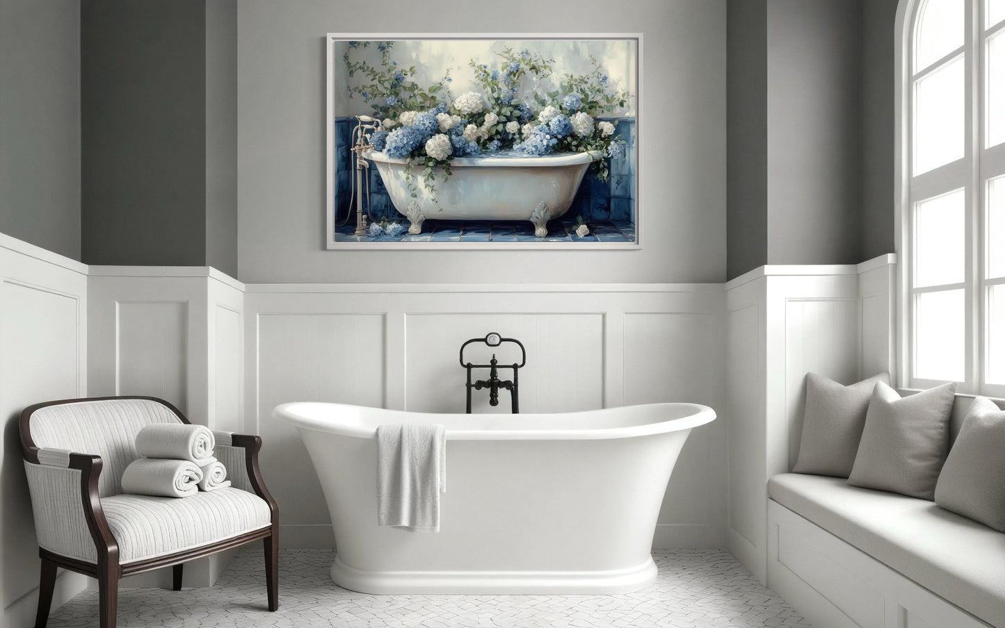 Blue Floral Bathroom Art – Hydrangea In Clawfoot Tub Canvas Print