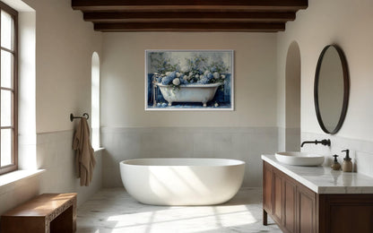 Blue Floral Bathroom Art – Hydrangea In Clawfoot Tub Canvas Print