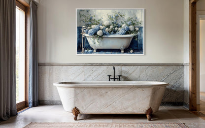Blue Floral Bathroom Art – Hydrangea In Clawfoot Tub Canvas Print