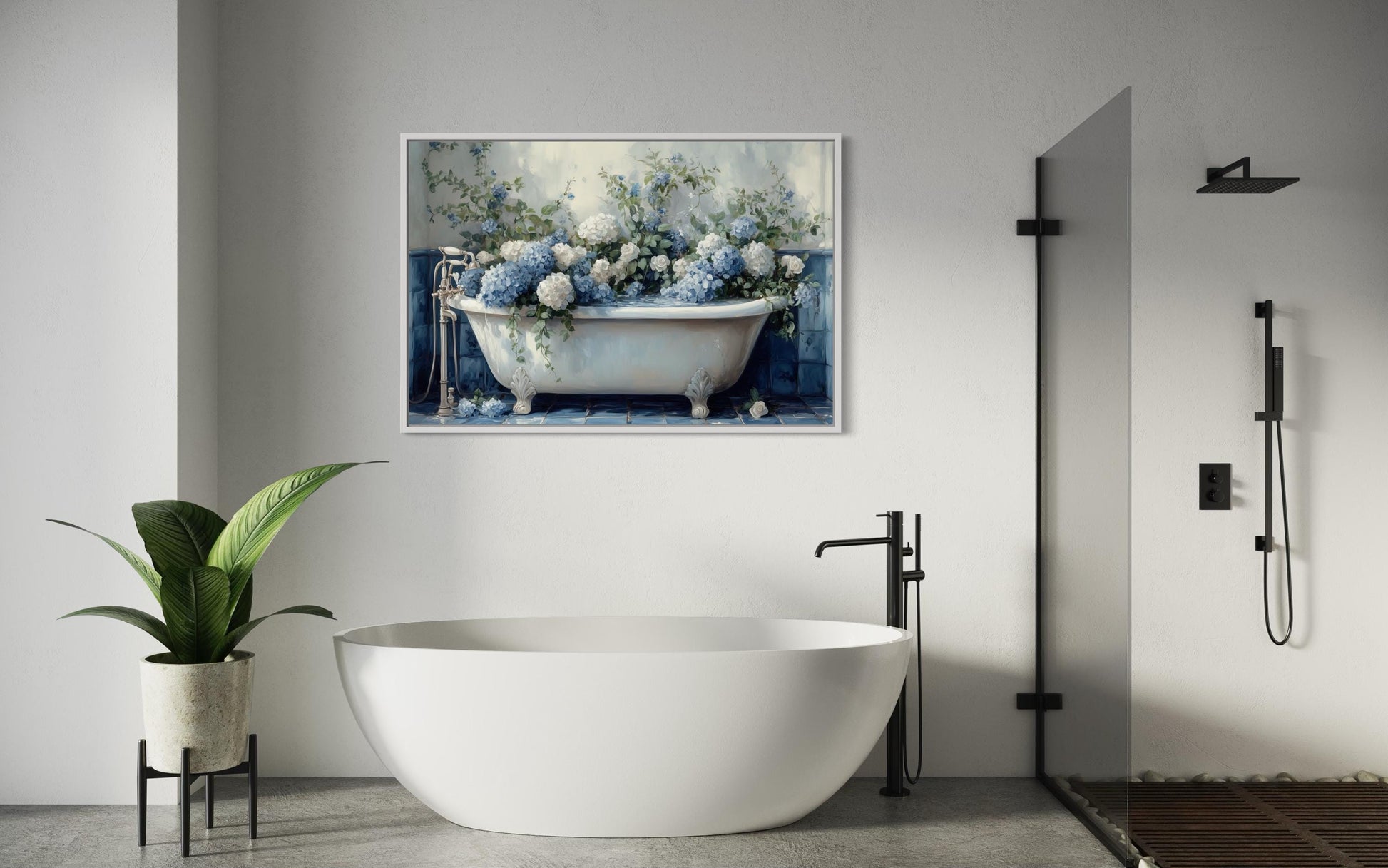 Blue Floral Bathroom Art – Hydrangea In Clawfoot Tub Canvas Print